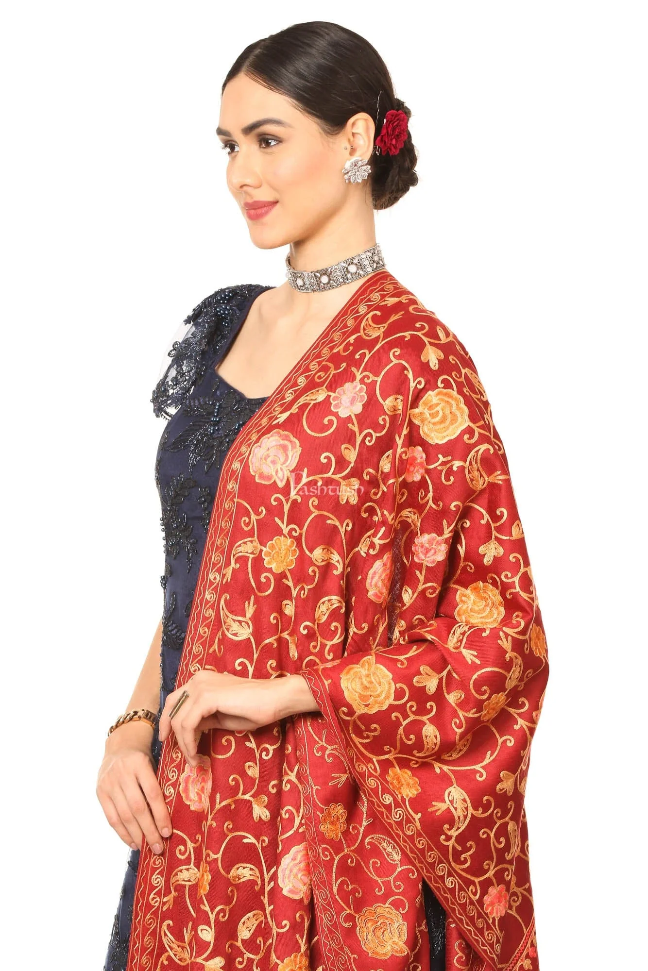 Pashtush Aari Embroidery Stole, Fine Wool, Maroon - Image 3