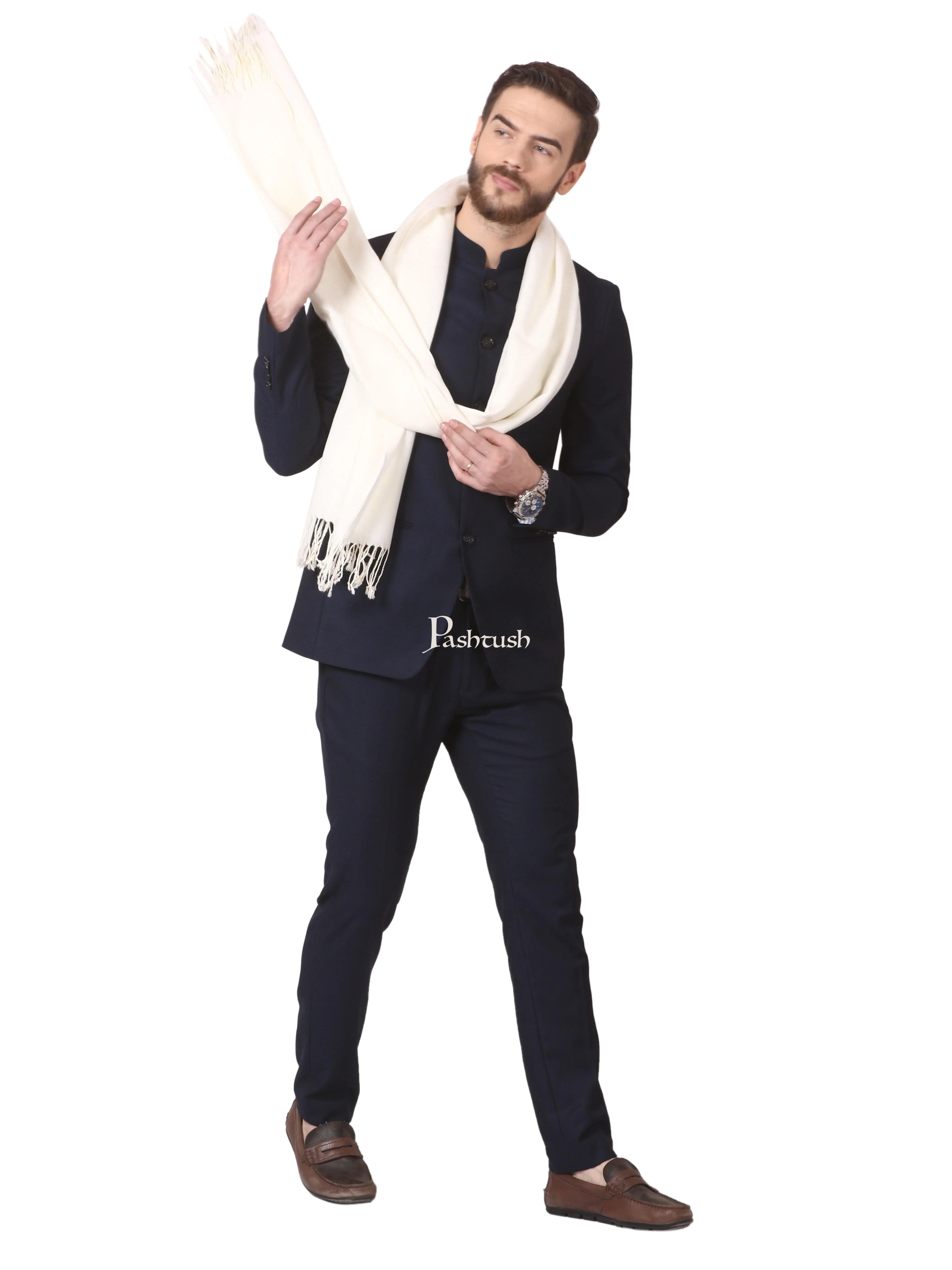 Pashtush Mens Fine Wool Jacquard Muffler - Ivory - Image 4