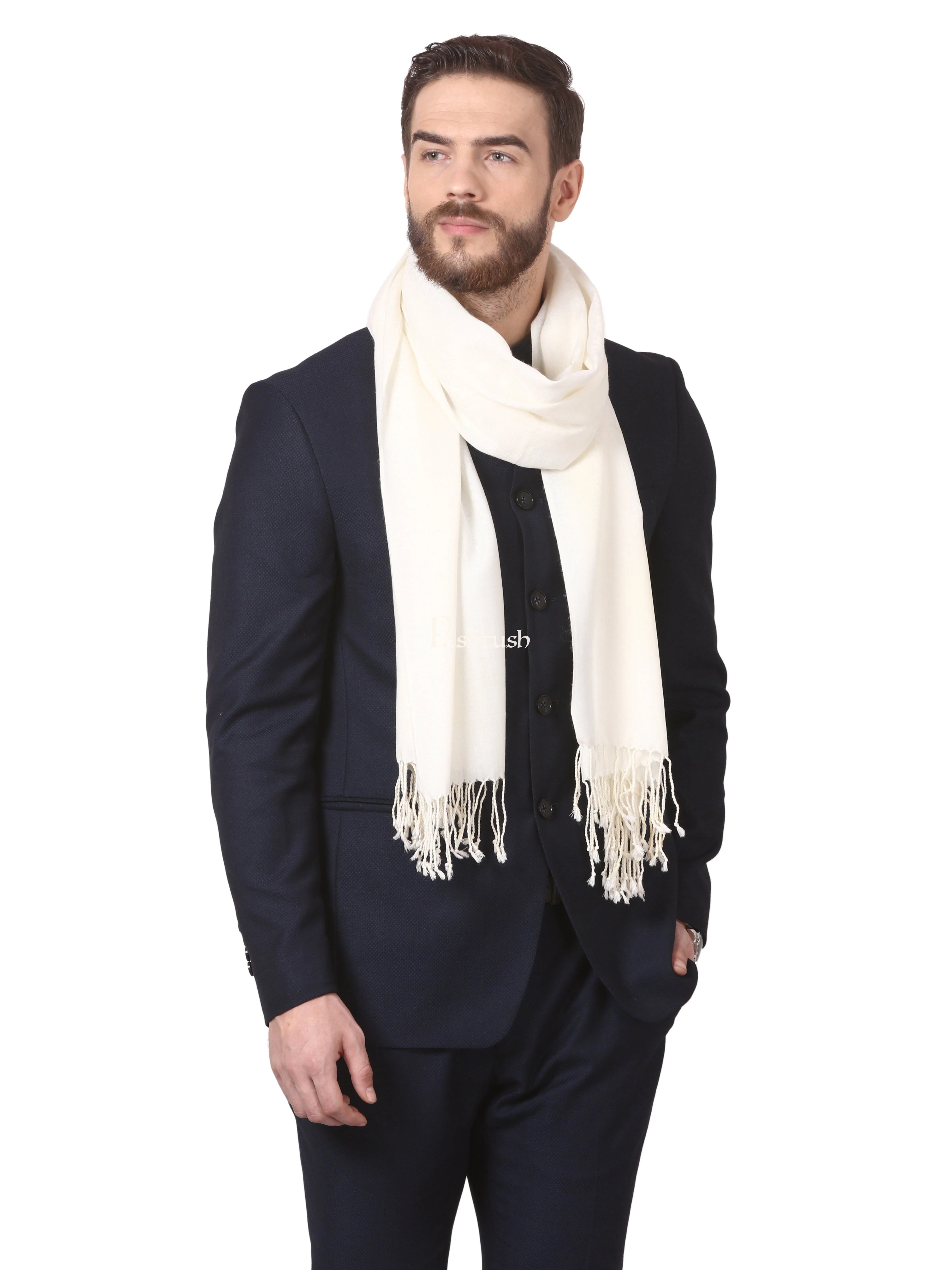 Pashtush Mens Fine Wool Jacquard Muffler - Ivory - Image 5