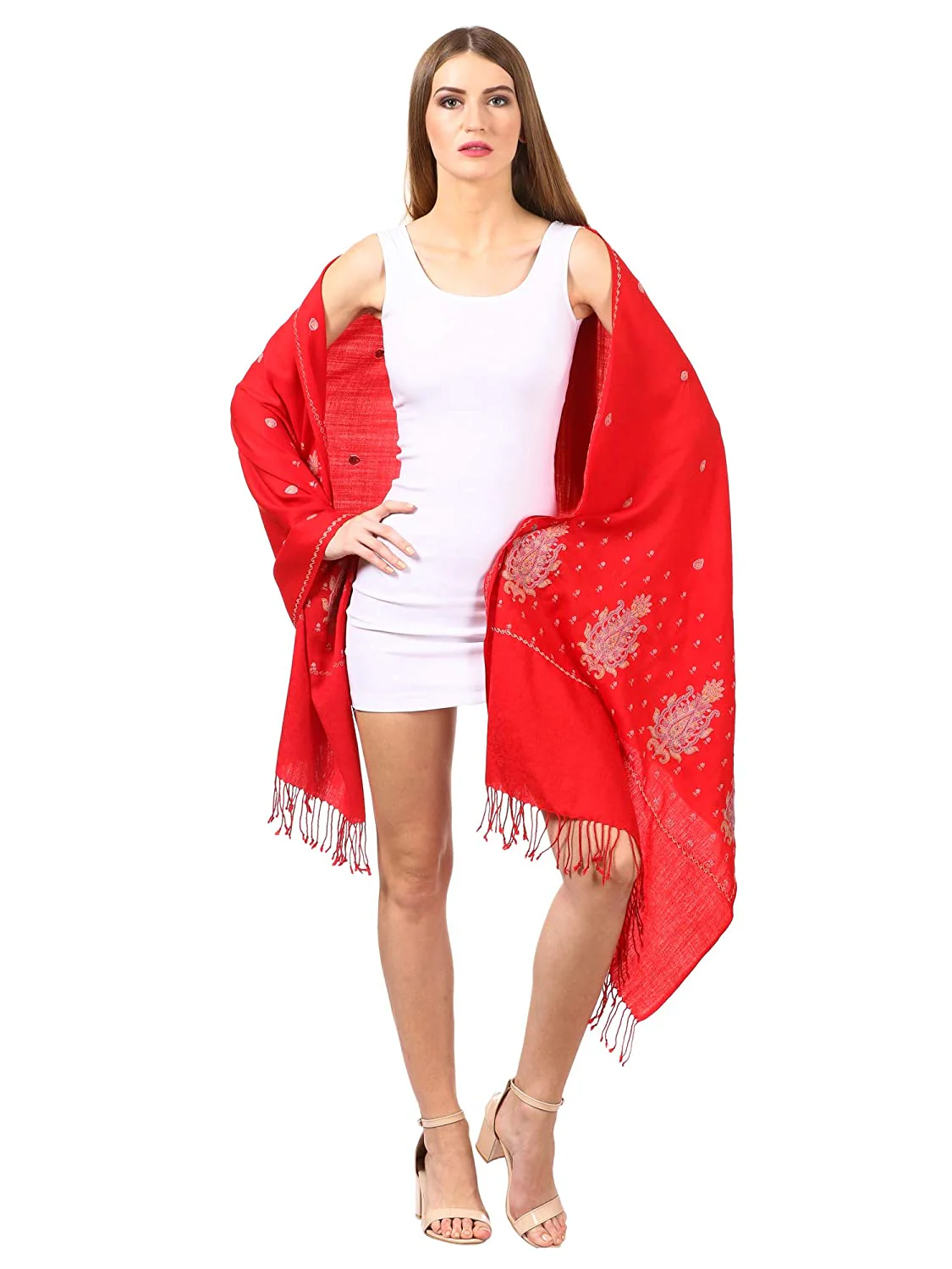 Pashtush Womens Fine Wool Embroidery Stole, Red - Image 4