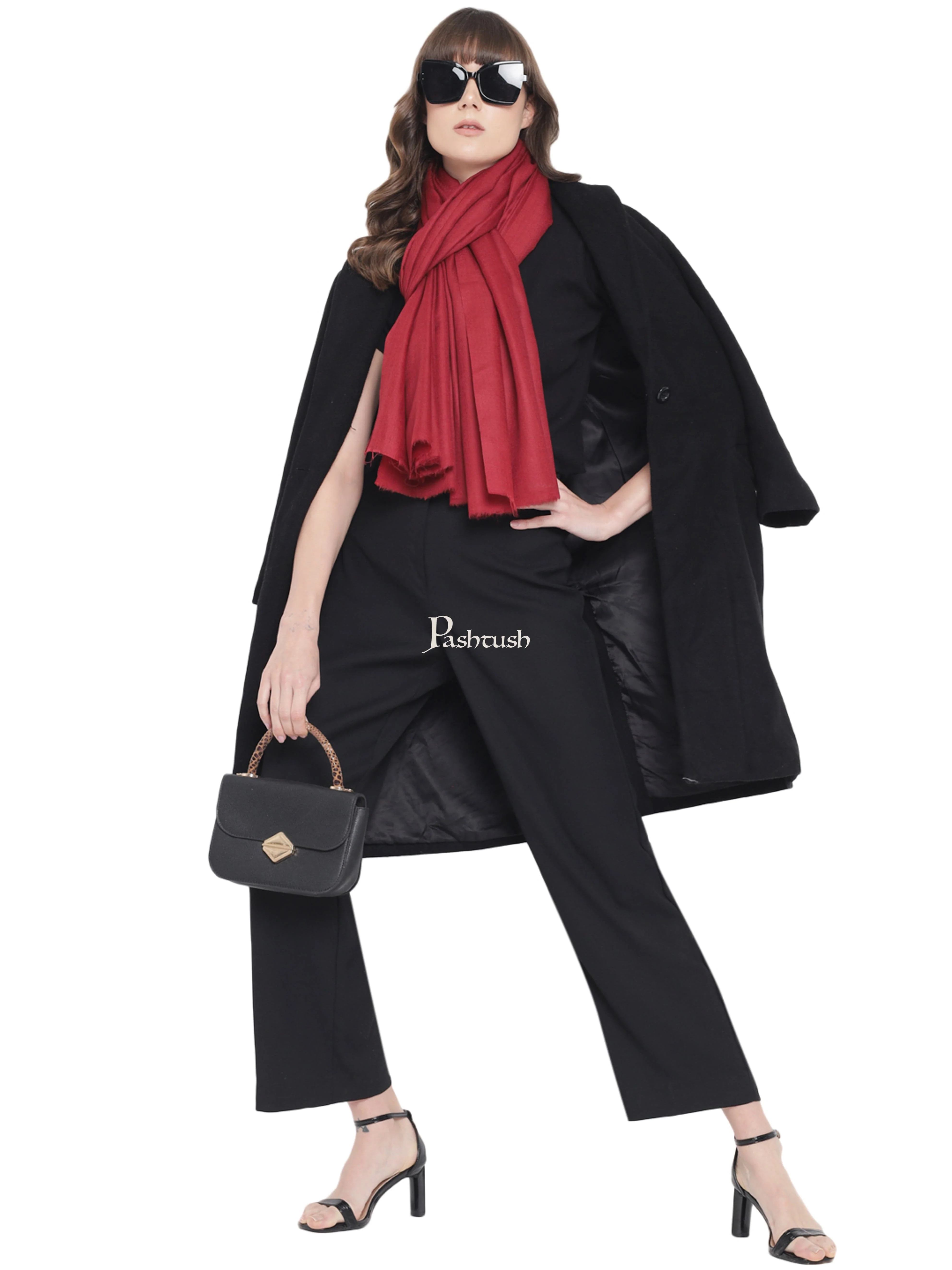 Pashtush Womens Fine Wool Shawl, Extra Soft Warm - Light Weight, Solid Crimson - Image 5