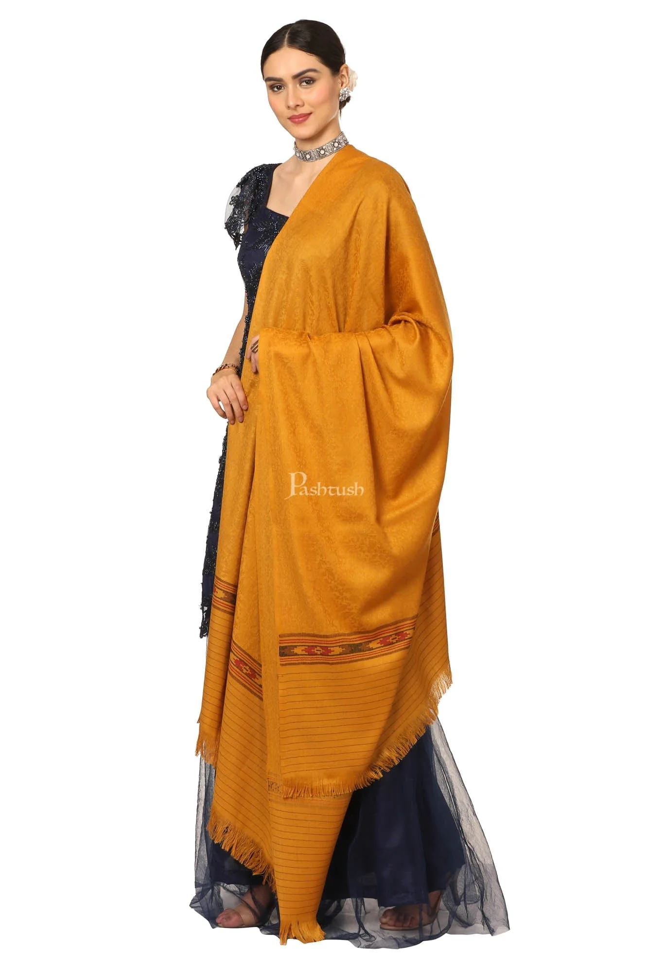 Pashtush Women'S Fine Wool Shawl, Soft And Warm, Aztec Design, Jacquard Weave - Palla Mustard - Image 5