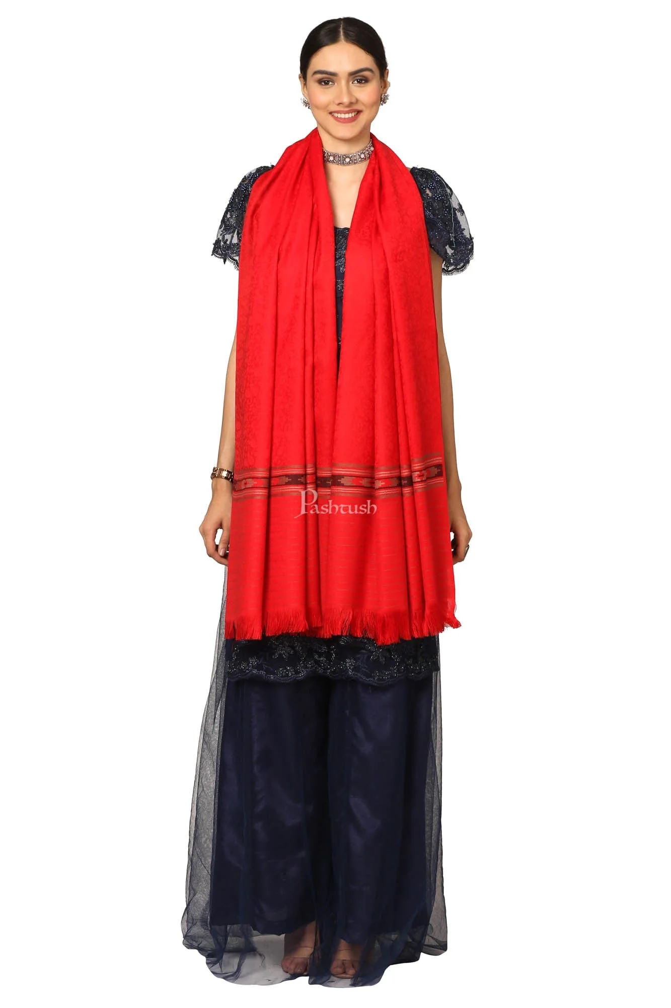 Pashtush Women'S Fine Wool Shawl, Soft And Warm, Aztec Design, Jacquard Weave - Red - Image 3
