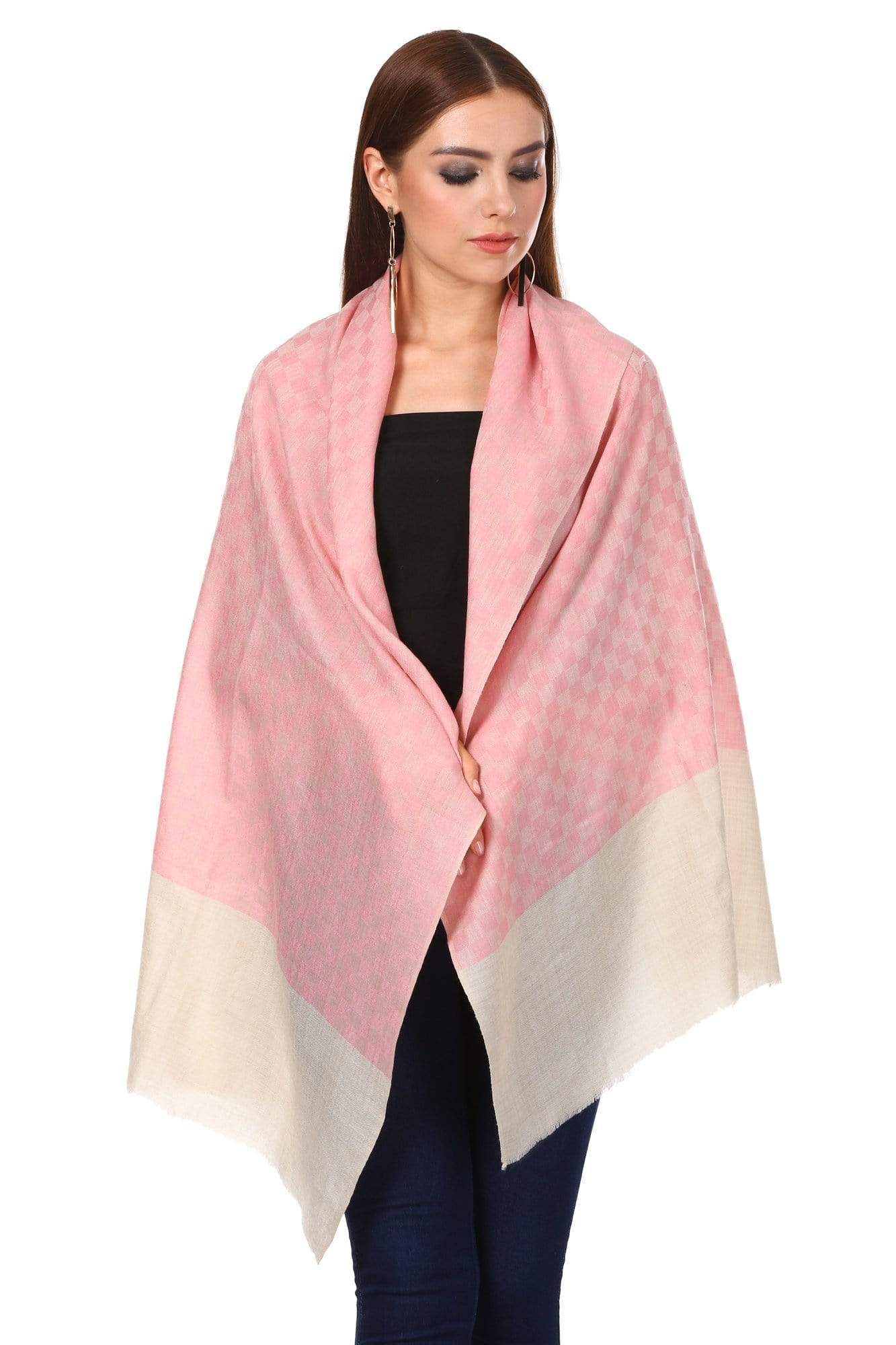 Pashtush Women'S Silk-Fine Wool Stole, Checkered Design, Powder Pink - Image 3