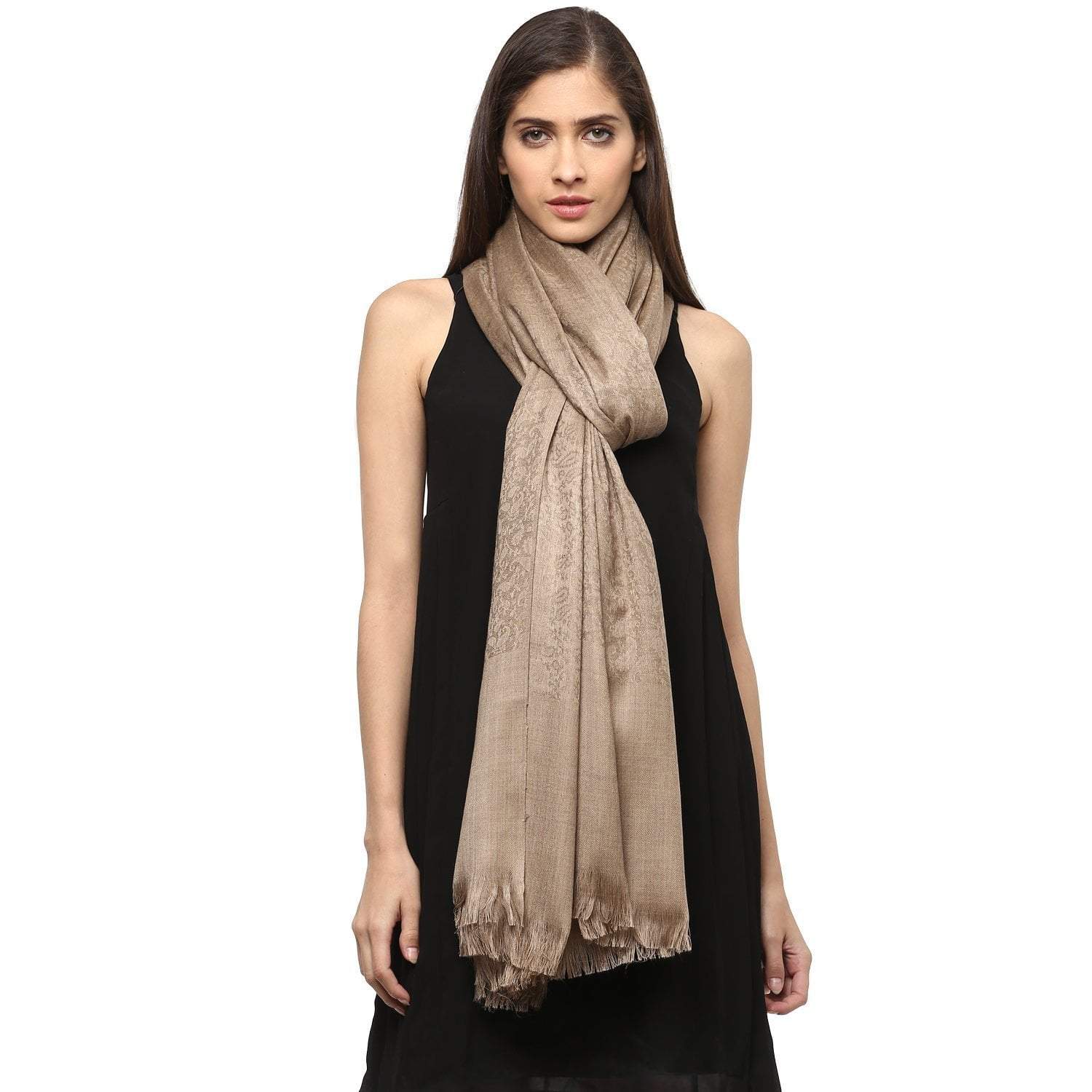 Pashtush Women'S Wool Shawl, Pasiley Weave, Taupe - Image 3