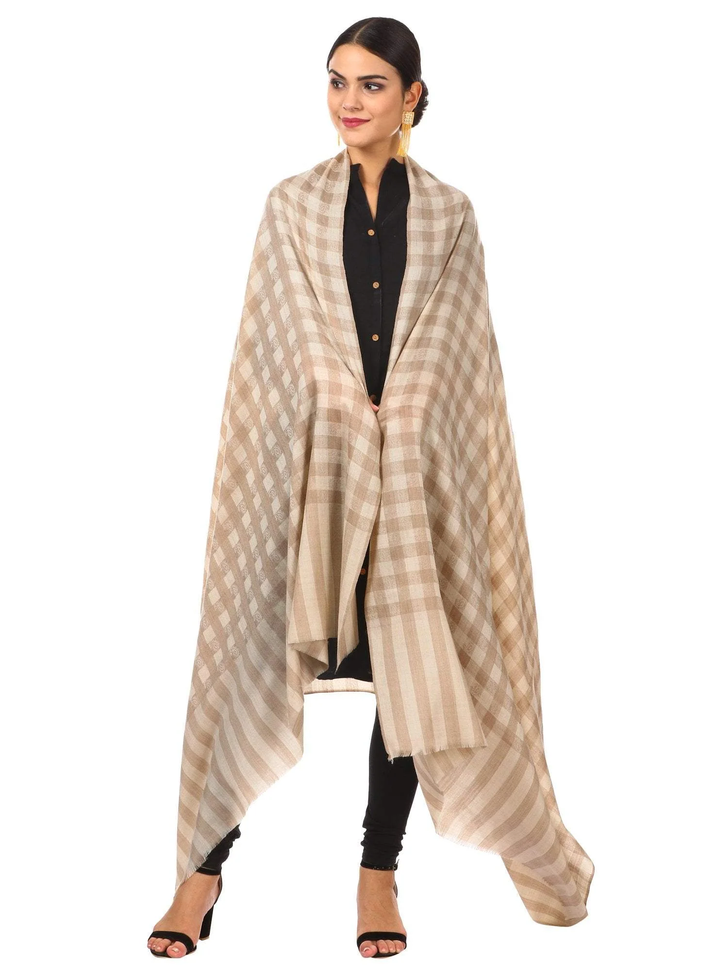 Pashtush Womens Extra Fine Wool Blend Shawl,Checkered, Soft And Warm Beige - Image 3