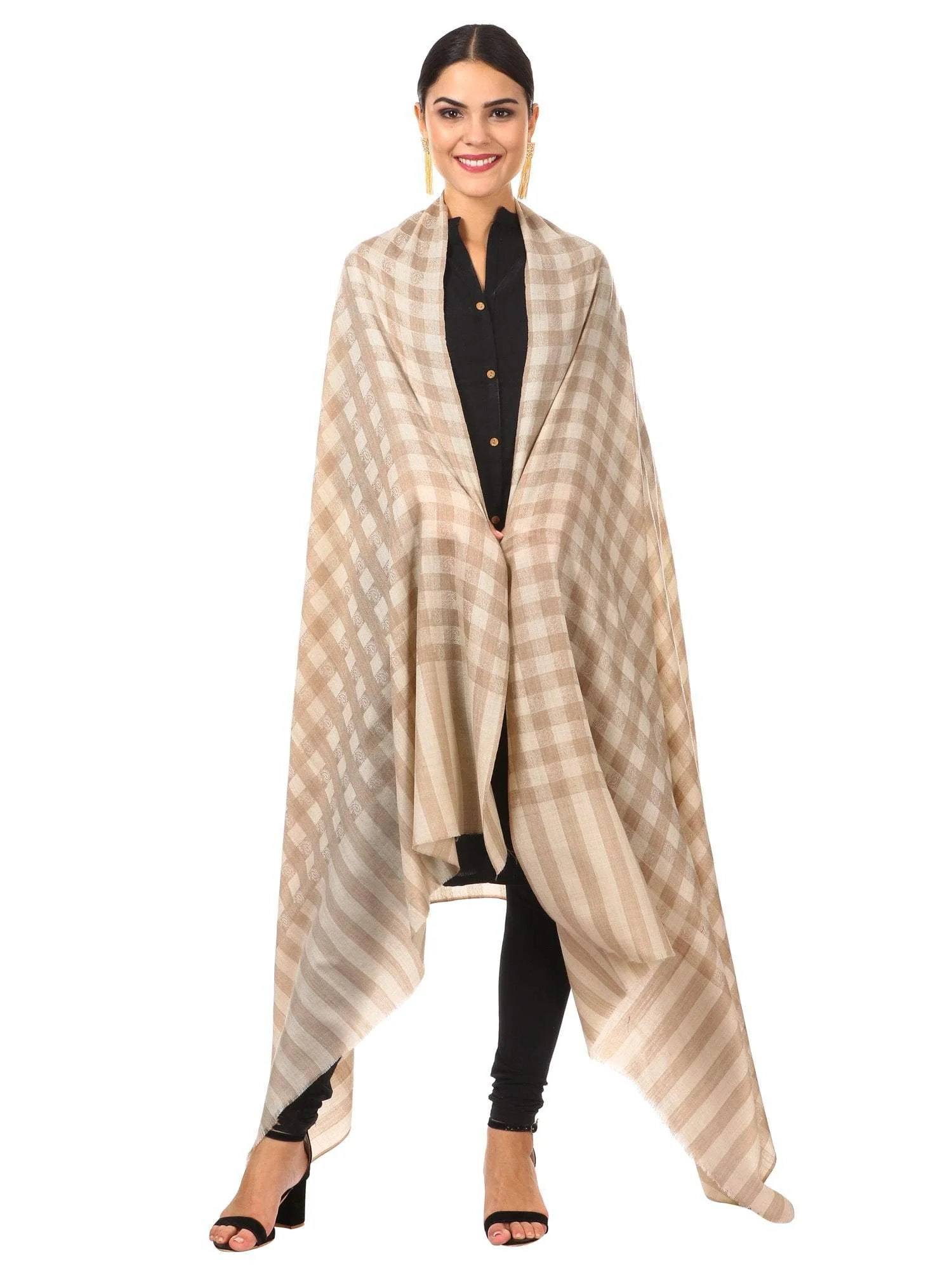 Pashtush Womens Extra Fine Wool Blend Shawl,Checkered, Soft And Warm Beige - Image 4